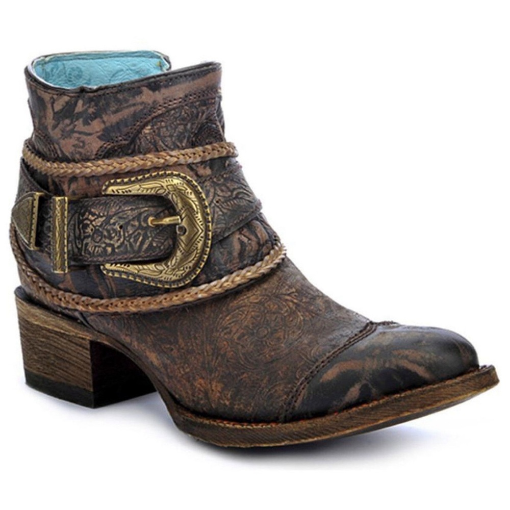 Corral Women’s Floral Embossed Brown Leather Ankle Boots Booties Gold Buckle